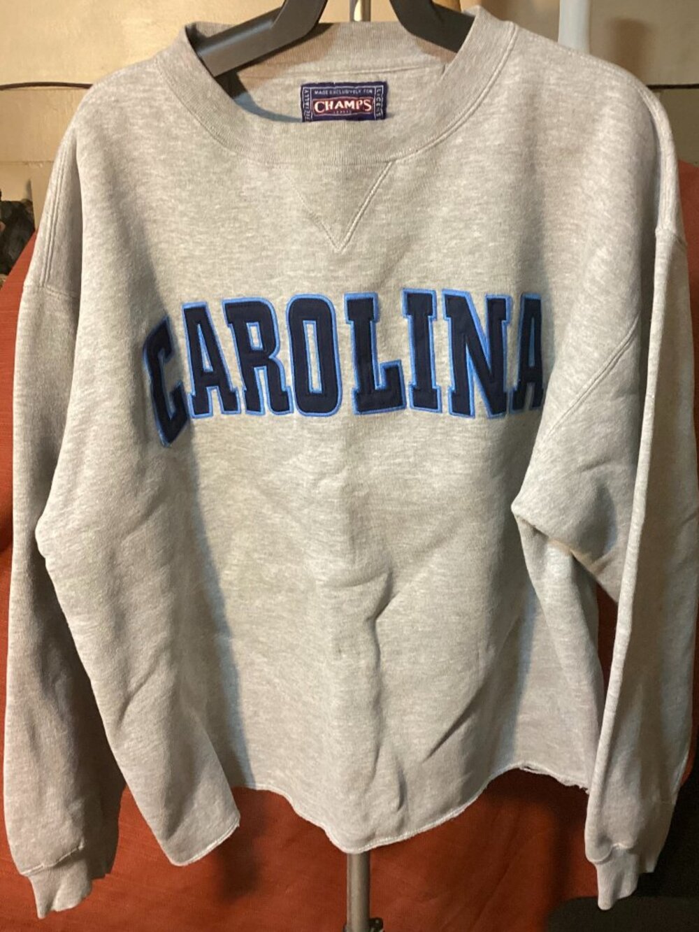 Vintage 90s UNC Carolina Crewneck Sweatshirt Gray Champs Raw Hem Cropped Large